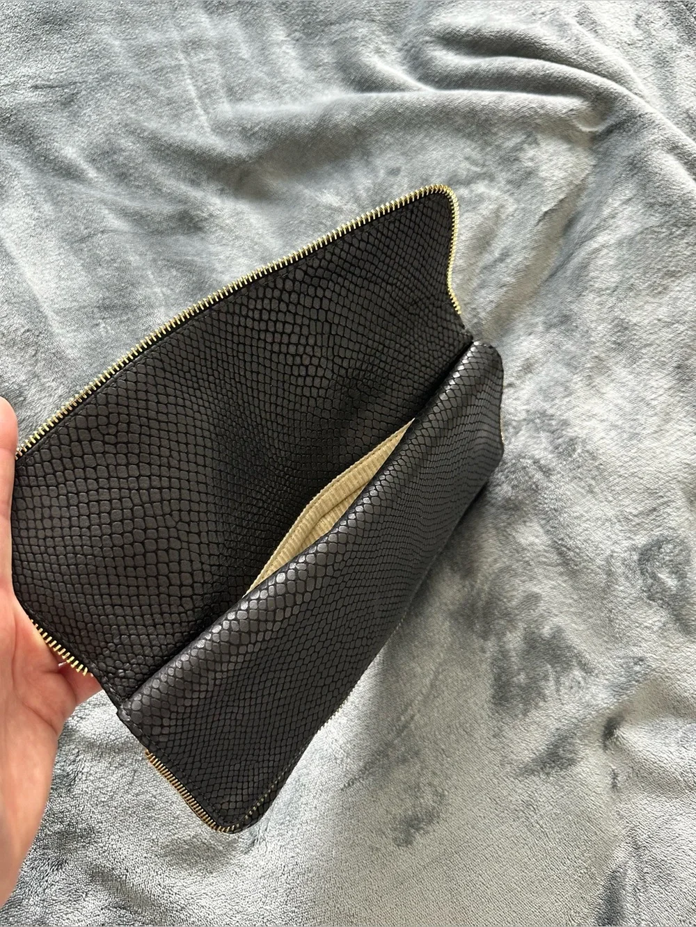 Lauren Merkin Black Snake Embossed Leather Foldover Clutch Gold Zip